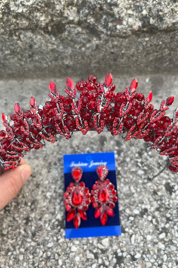 Hobigram-Salome Red Bridal Henna Crown Special Occasion Accessory Women's Crown and Three Shuttle Earrings Set 1