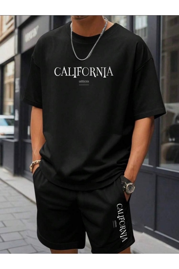 Mythologie-California T-Shirt Combed Cotton Shorts - Black Shorts T-Shirt Set Printed Oversize Crew Neck 1