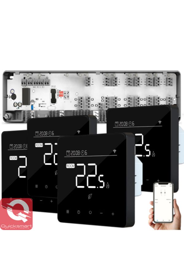 Quicksmart-Kit Automatizare Incalzire Pardoseala Q10, Controler pardoseala 8 zone, 4x Termostat cu fir Q40, Inc 1