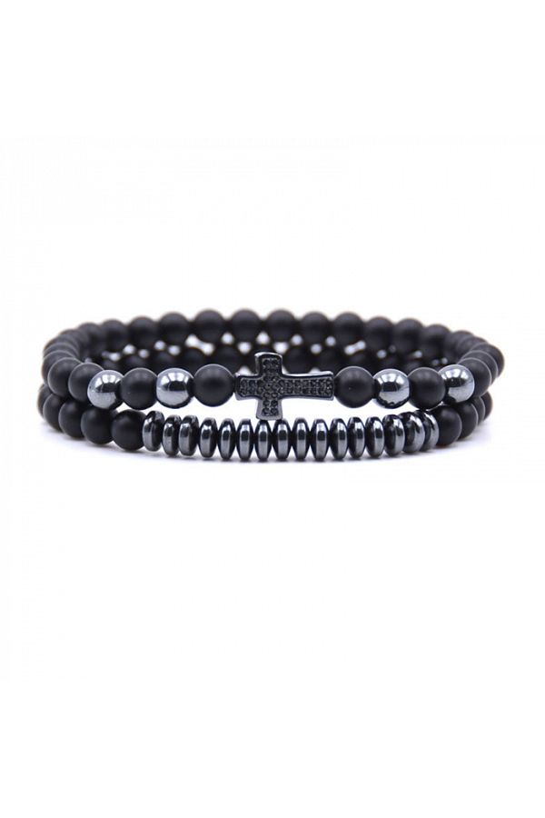 Tessero-Set of two elastic bracelets made of natural stone, matte onyx, cross pattern plated with zircon stones 1