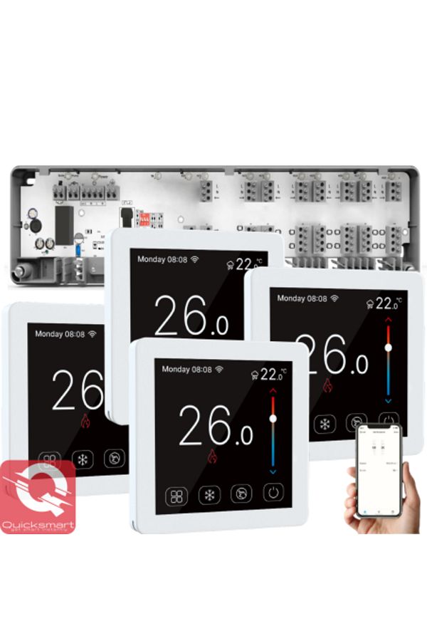 Quicksmart-Kit Automatizare Incalzire Pardoseala Q10, Controller pardoseala 8 zone, 4x Termostat cu fir Q50, In 1