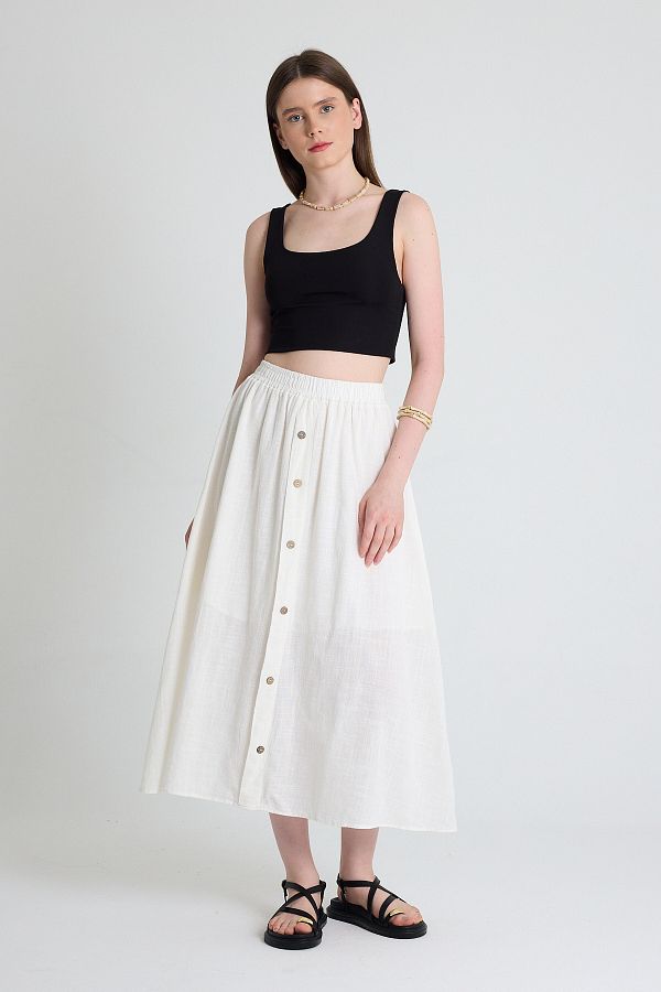 Rays-White Linen Look 100% Cotton Buttoned Midi Skirt 3419 1
