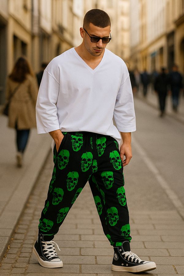 SUPERBLUE-Men's Patterned Green Baggy Trousers with Elastic Waist 1
