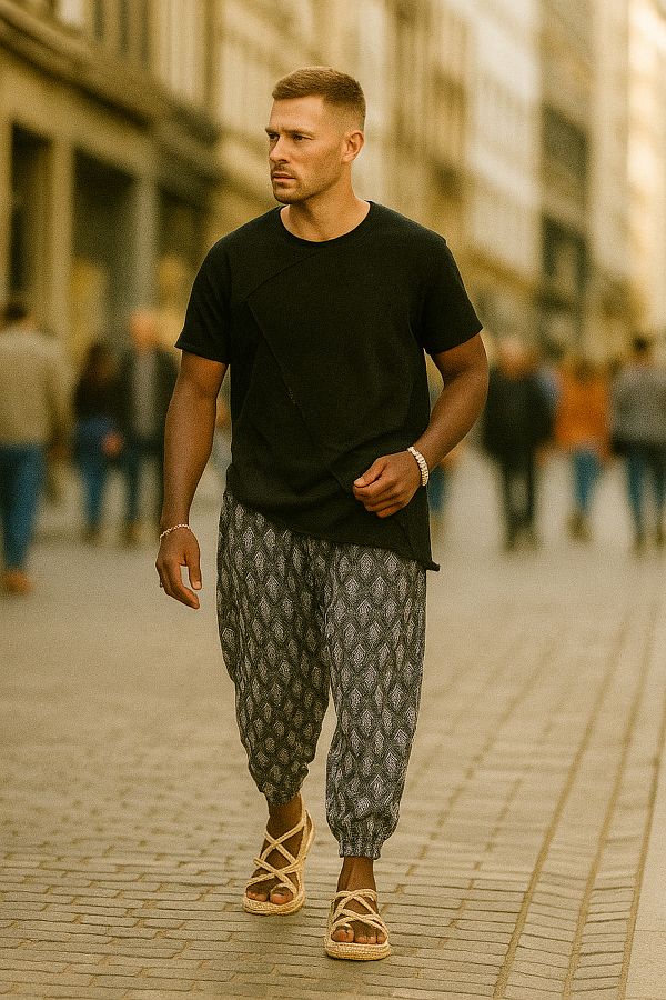 SUPERBLUE-Men's Summer Patterned Smoked Jogger Baggy Trousers 1