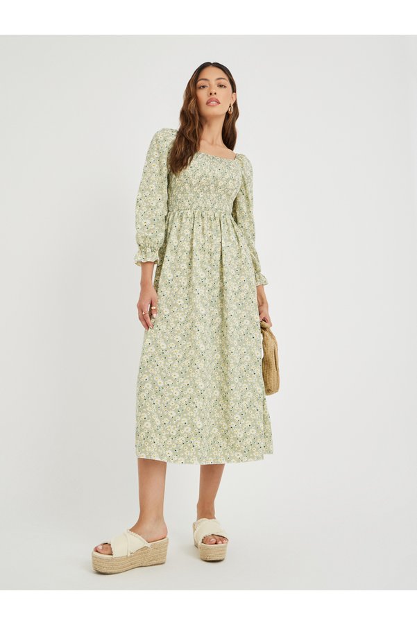 Take Two By Styli Women Green Floral Print Square Neck Smocked A-Line Midi Dress