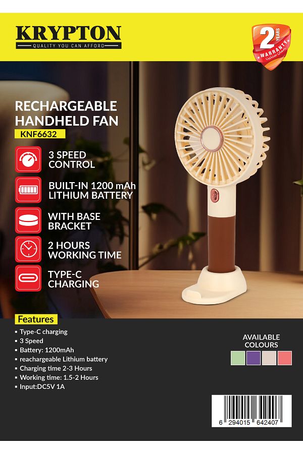 KRYPTON-Portable USB-C Handheld Fan – 3 Speed Settings, Lightweight Design, Desk Base Included 1