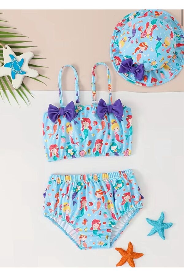 3b kids deniz kızı bebek mayo bikini takımı şapkalı korumalı