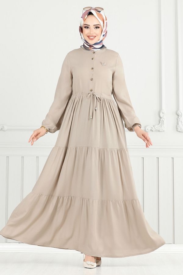 ModaMerve-Half Button Dress 2350Bgs895-M Stone 1