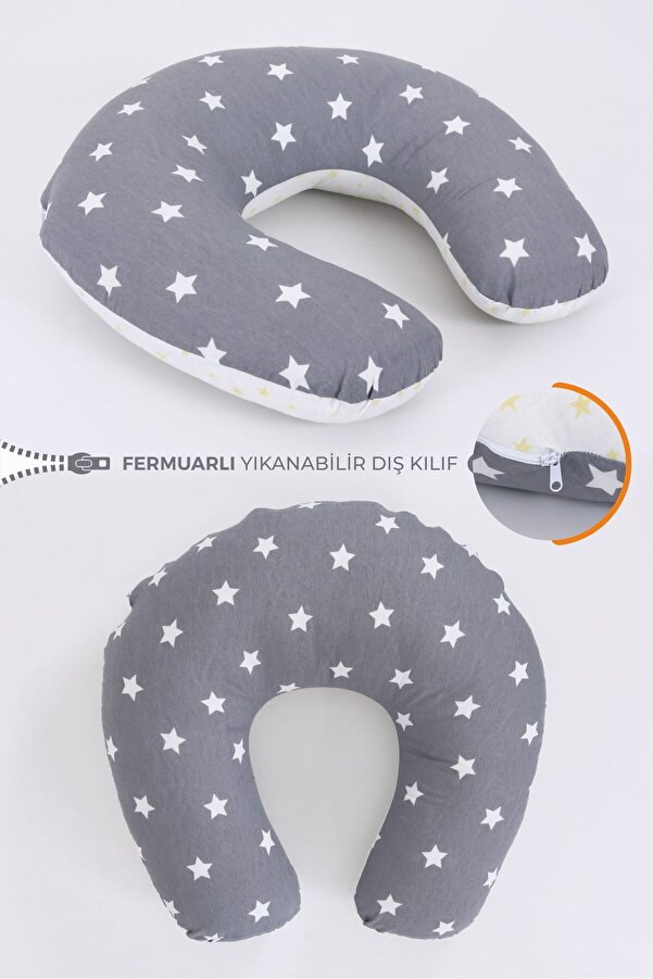 Umaybebek Emzirme Yastığı Minderi, Pamuk Kumaş - Koyu Gri Sarı