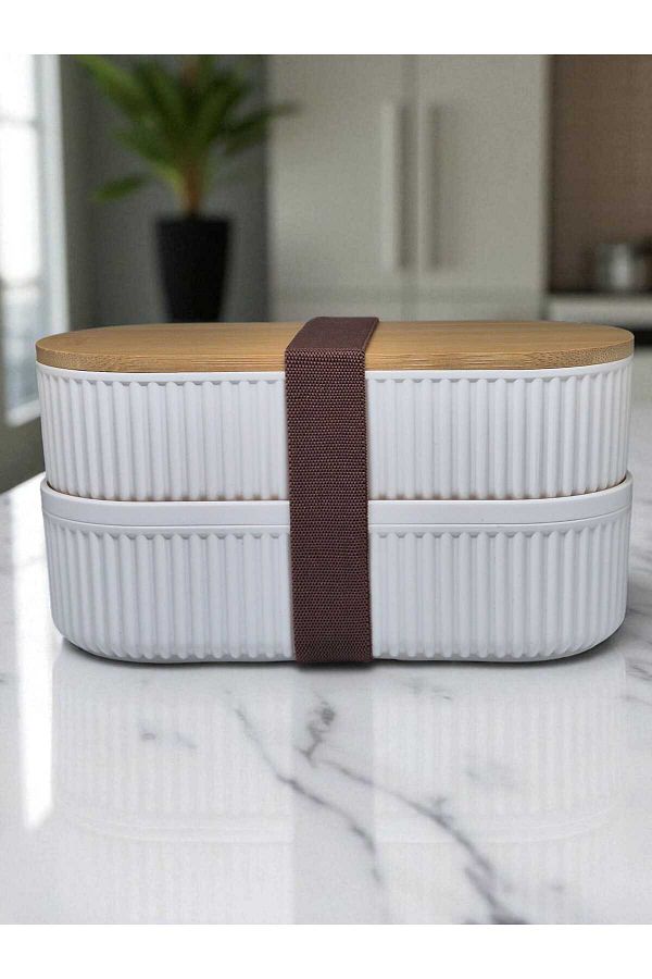 Eşya Dünyası-2-Piece Wooden Lid Storage Container (2X500 ml) L, Soft Ecru / Practical Storage Container 1