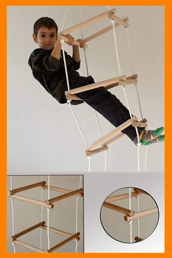 Bundera Kare Tırmanma Kulesi 5 Basamaklı Çocuk İp Tırmanma Merdiveni Akrobasi Ahşap Montessori Oyuncak