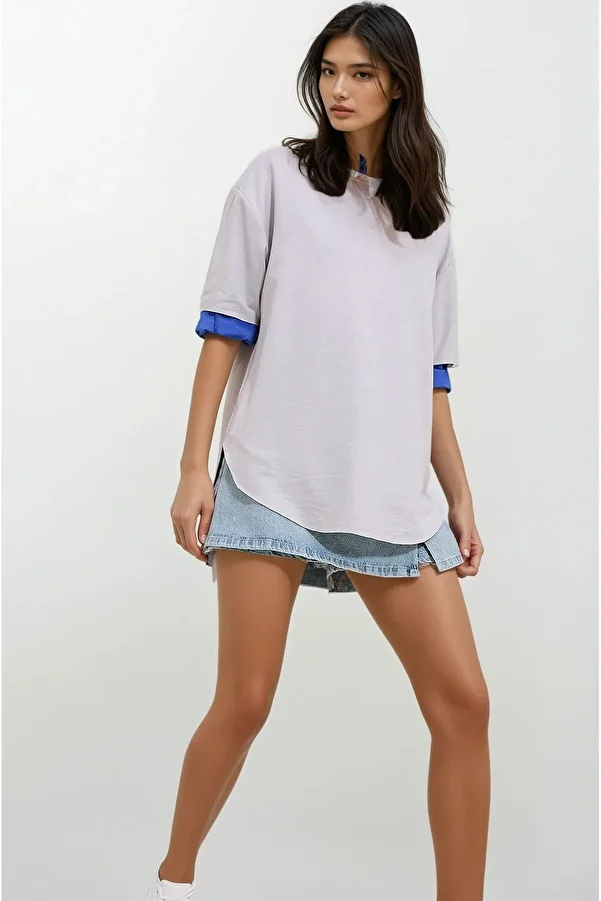 Trend Alaçatı Stili-Women's Gray Crew Neck Oval Cut Modal T-Shirt ALC-X11506 1