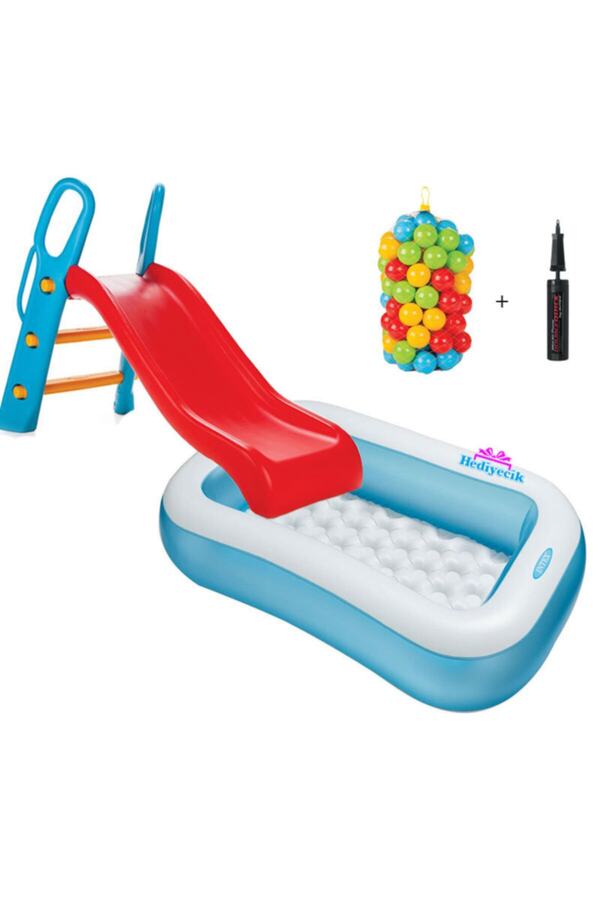hediyecik Kaydıraklı Oyun Seti Tabanı Boğumlu Havuz 166x100x28 Cm + 6 Cm 100'lü Oyun Havuz Topu + Pompa