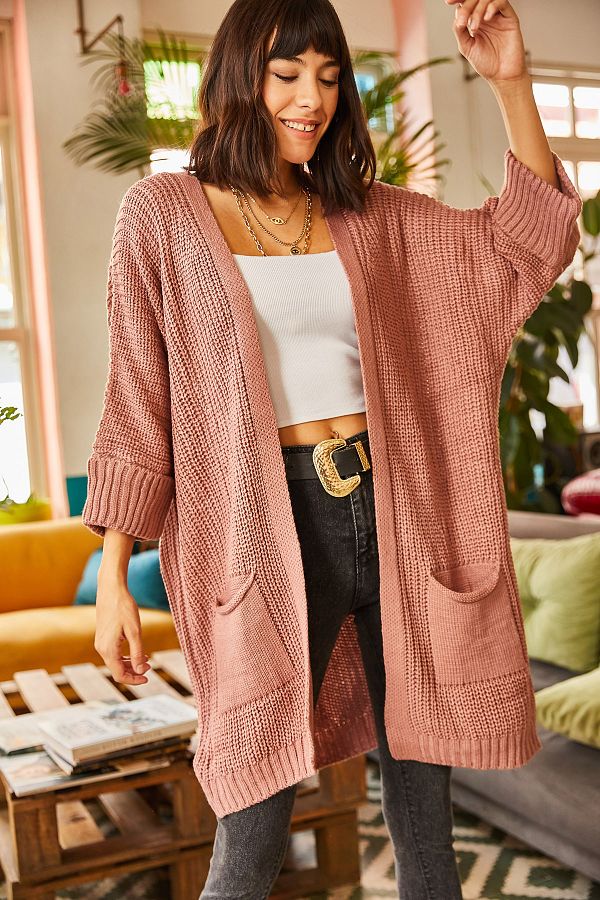 Olalook Woman s Dusty Rose Sleeve Folded Pocket Loose Knit Cardigan HRK 19000123 Trendyol