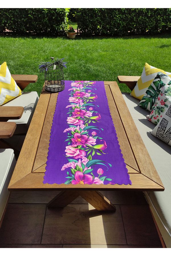 Alize Home-Laser Cut Digital Printed Fabric with Pink Flower Pattern on Purple Linen Effect Background 1