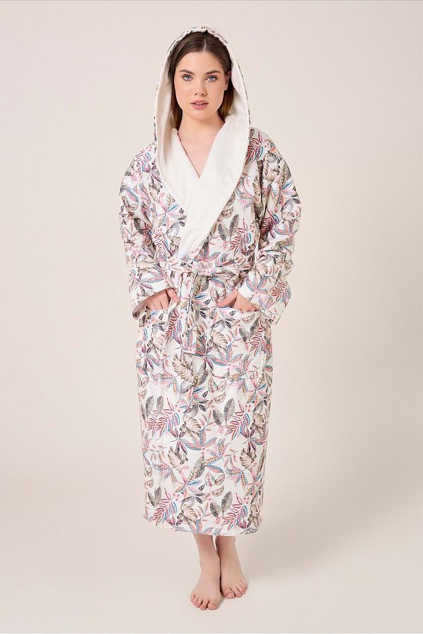 VEVİEN HOME-Fiore Patterned Digital Printed Hooded Bathrobe 1