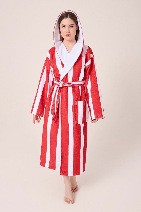 VEVİEN HOME-Striped Patterned Digital Printed Hooded Bathrobe Claret Red 1