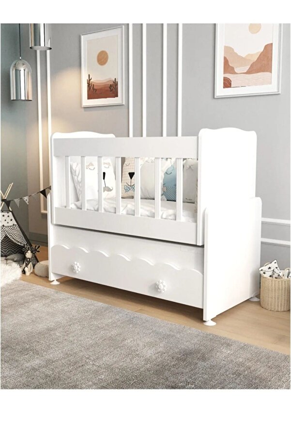 ardilla furniture Beşik Çekmeceli Sallanır Anne Yanı Ahşap Bebek Beşiği Beyaz
