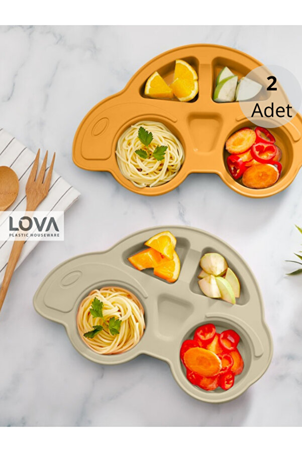 Lova 4 Bölmeli Arabalı Bebek Mama Tabağı (KREM-TURUNCU) (2 ADET)