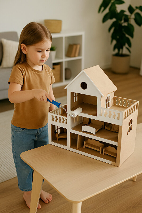 Genel Markalar Dıy Boyanabilir 3 Katlı Ahşap Bebek Evi – 15 Adet Mobilyalı Montessori Tarzı Oyun Evi