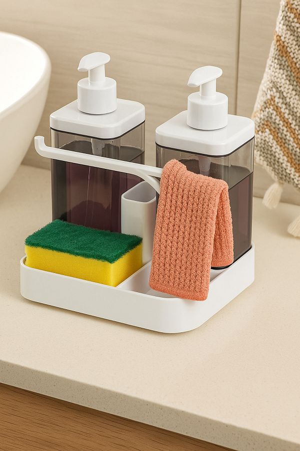 Berta Hijyen-Set dozator dublu de săpun lichid și dozator de detergent cu ​​recipient pentru burete, recipient pentru cârpă, recipient pentru inel 1