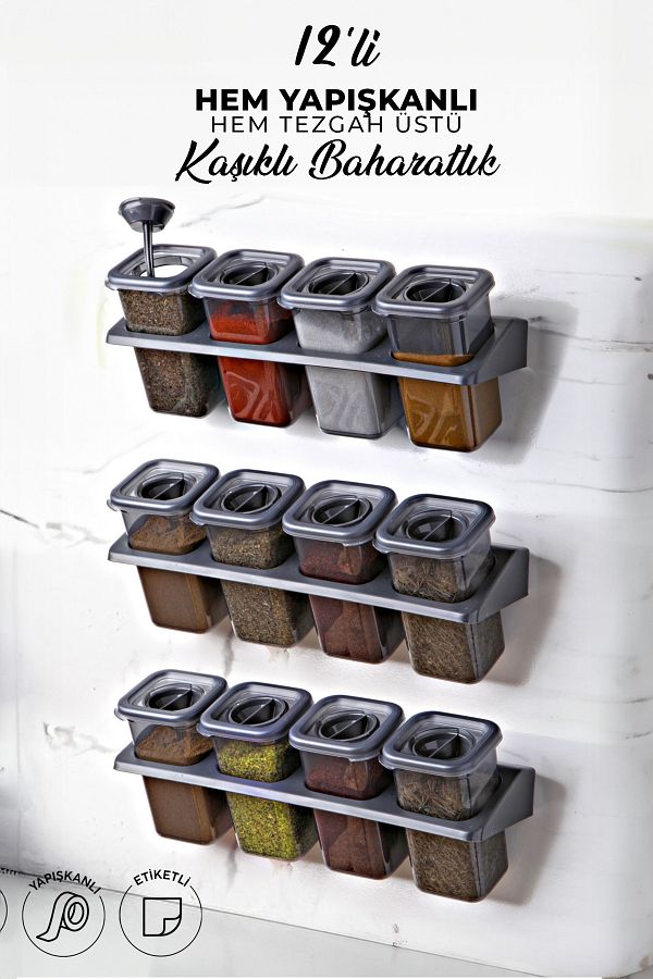 NESS HOME-Set of 12 Adhesive Square Spice Rack Set with Labels, Stands, Locks and Spoons - Food Storage Container Set 1