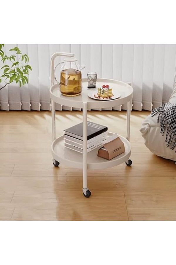 Generic-Round Coffee Table with Rolling Wheels, Movable End Table/Bedside Table, 2 Layers Small Trolley for 1