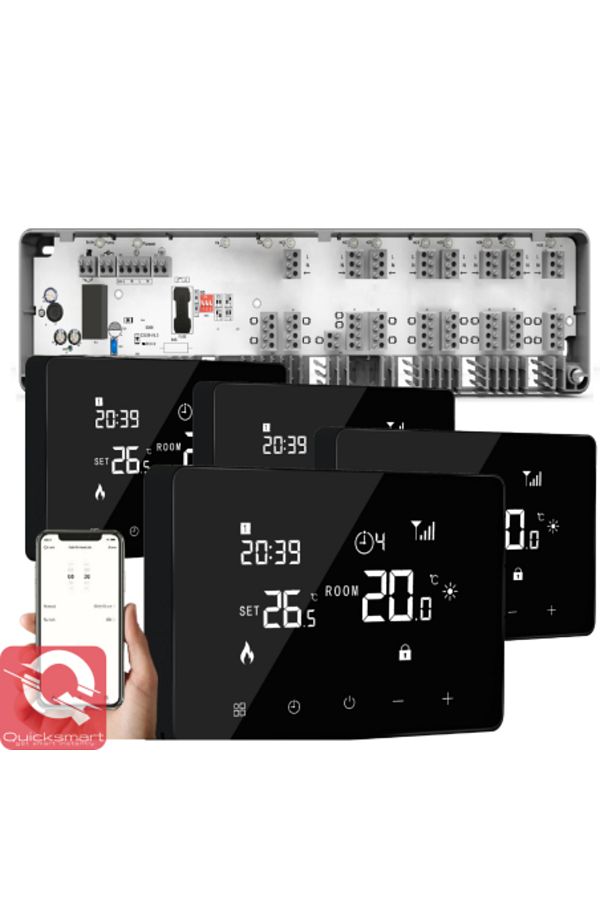 Quicksmart-Kit Automatizare Incalzire Pardoseala Q10, Controler pardoseala 8 zone, 4x Termostat cu fir Q10, Con 1