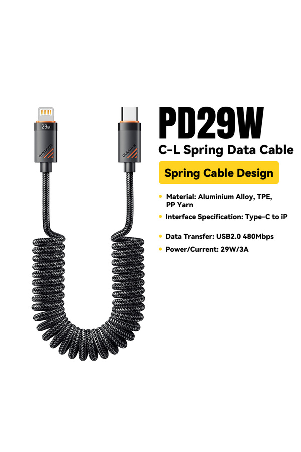 essager-1.8m C-L 29W black Essager Car Spring USB C To Lightning Cable PD 29W Fast Charging For Apple iPhone 1