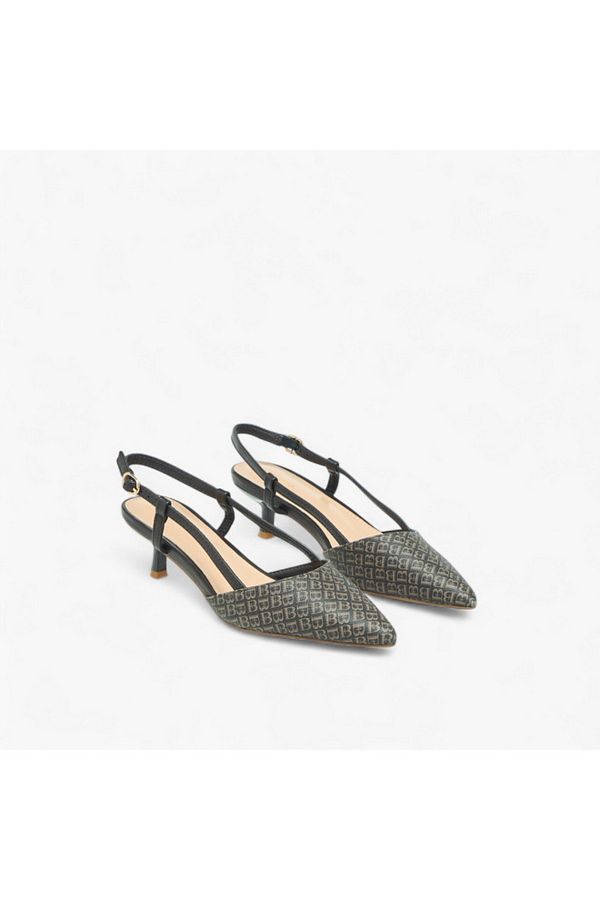 Flora Bella by Shoexpress-Flora Bella Monogram Print Pointed Toe Shoes with Kitten Heels and Buckle Closure 1