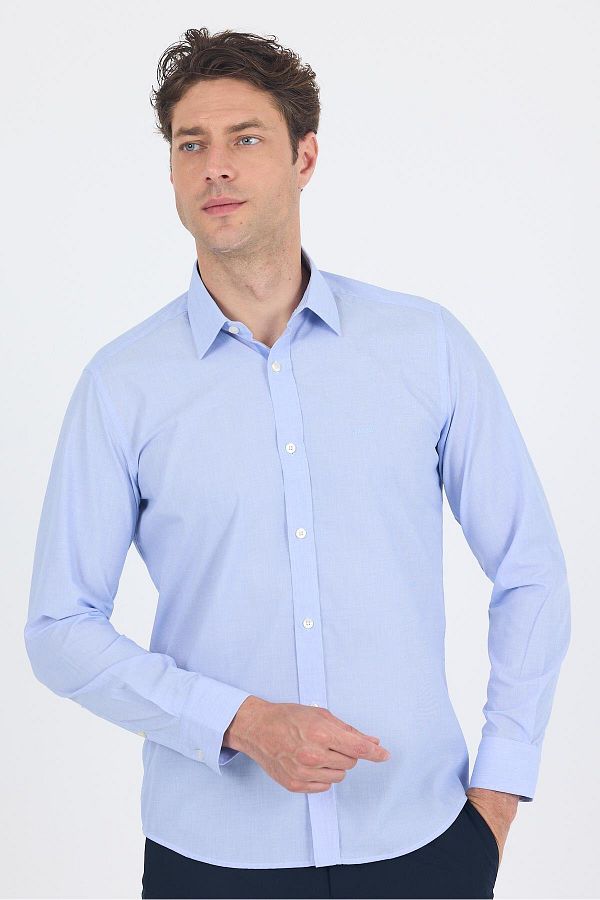 İmza-Cămașă albastră cu mânecă lungă Filafil Model Filafil Guler dur fără buzunar Bumbac Basic Slim Fit 1004250008_304 1