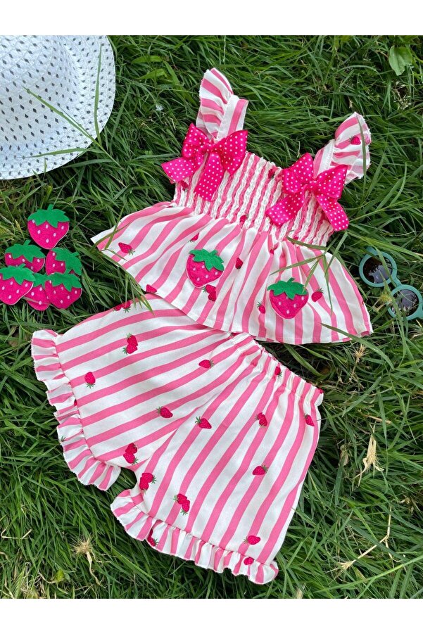 Bolly Baby Çilek Fiyonklu Şortlu 2li Yazlık 1-5 Yaş Kız Çocuk Bebek Takım