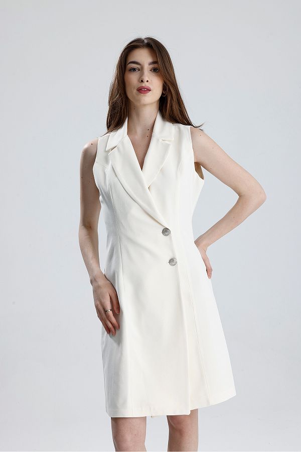 Sense-Lined Sleeveless Hurrem Long Jacket Dress |   Ckt35288 Ecru 1