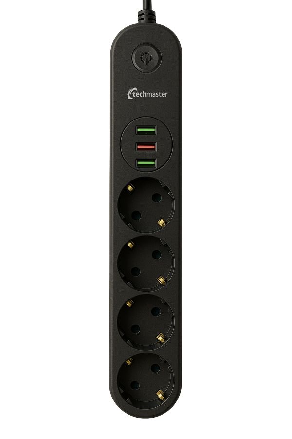 Techmaster-3 USB Current Child Proof 4 Socket Socket 2Mt Black 1