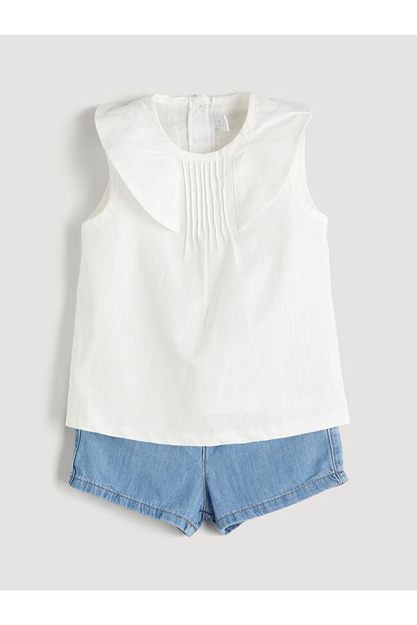 LC Waikiki-Sparkling Selections from Shining Store |   Ecru Ruffled Collar Baby Girl Blouse and Jean Shorts 2-Piece 1