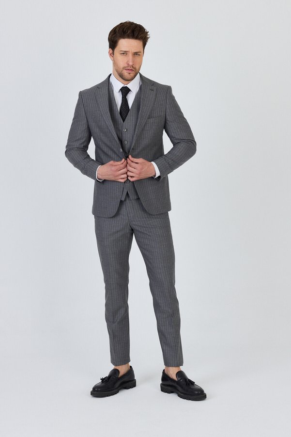 Frappoli Men's Light Gray Italian Striped Jacket+Pants+Vest Slim Fit Suit