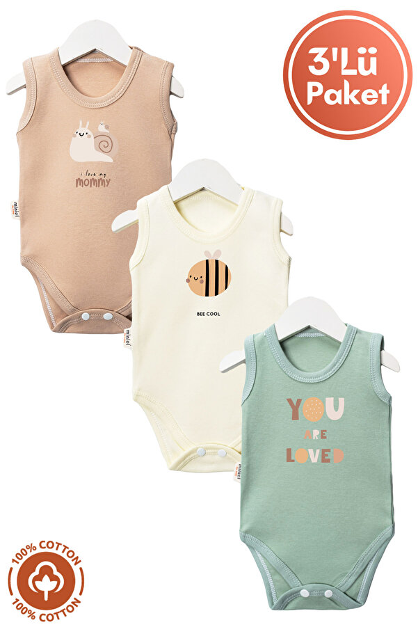 miniel organic Unisex %100 Organik Pamuklu Love Baskılı 3-6-9-12 Ay 3Lü Kolsuz Atlet Bebek Body Zıbın