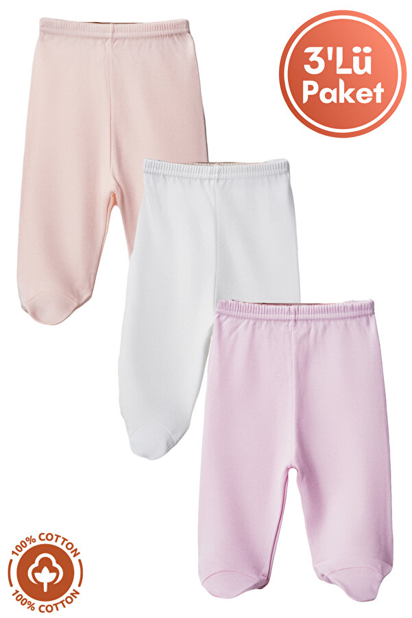 Miniel Unisex Bebek Pamuklu 0-6 Ay Patikli Bebek Pantolon 3lü Renkli Set