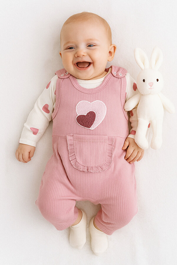 VERONA TARZ Kız Bebek Kalp Nakışlı 2li Salopet Takımı Uzun Kol Çıtçıtlı Yenidoğan Kıyafeti Çorap Hediye