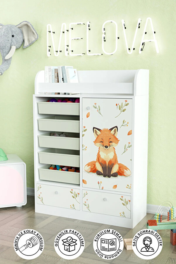 Hediyeler Kapında Foxie Design "Melova" 5 Sepetli 2 Çekmeceli Çok Amaçlı Oyuncak Dolabı