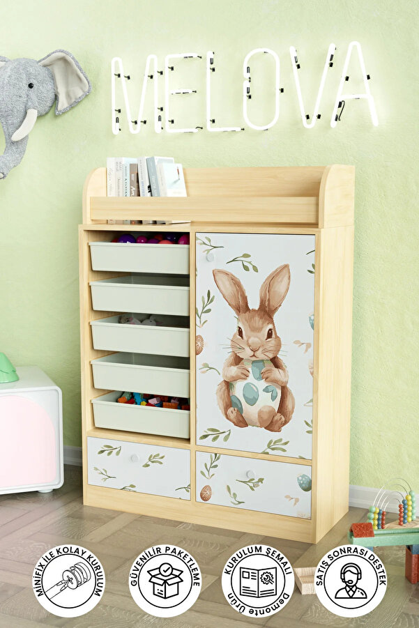 Hediyeler Kapında Pretty Rabit Design "Melova" 5 Sepetli 2 Çekmeceli Çok Amaçlı Oyuncak Dolabı