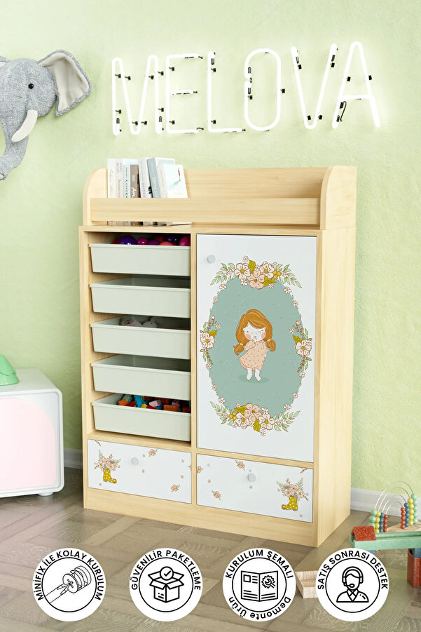 Hediyeler Kapında Adorable Design "Melova" 5 Sepetli 2 Çekmeceli Çok Amaçlı Oyuncak Dolabı