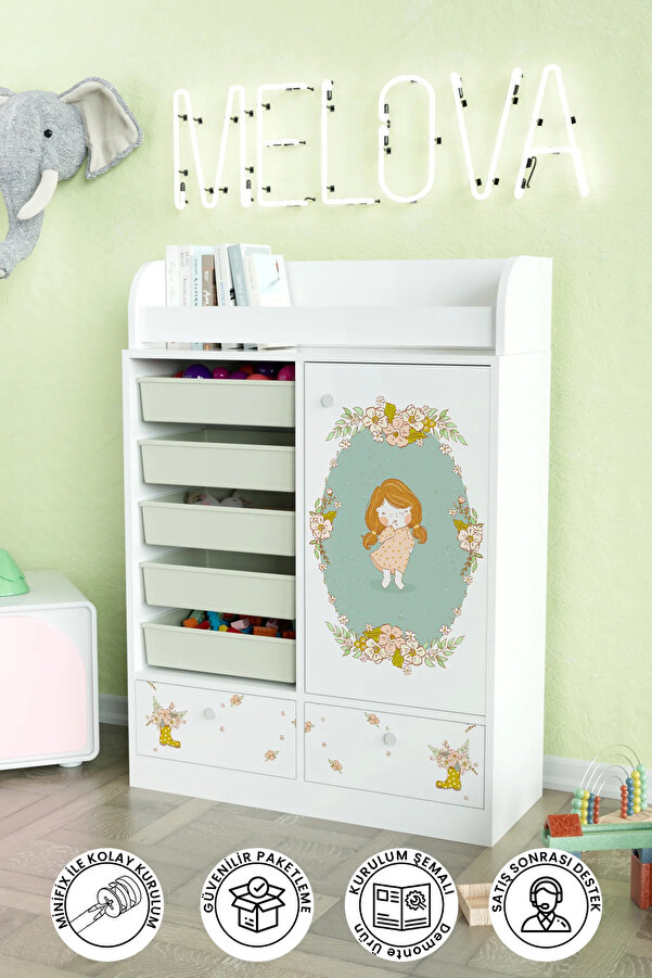 Hediyeler Kapında Adorable Design "Melova" 5 Sepetli 2 Çekmeceli Çok Amaçlı Oyuncak Dolabı