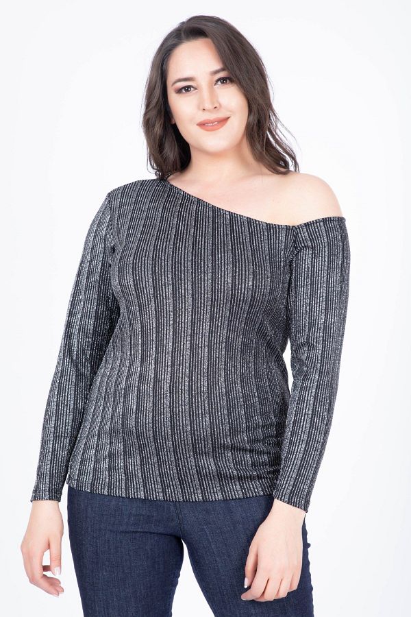 MYLİNE-Asymmetric Collar Glitter T-shirt 1