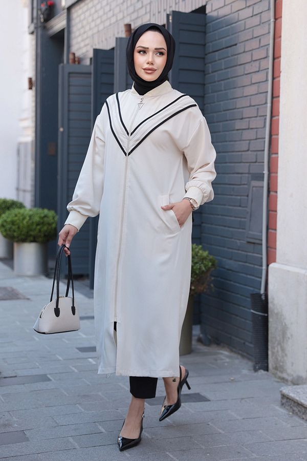 N.S NEVA STYLE-Fitted Beige Hijab Coat 15201Beige 1