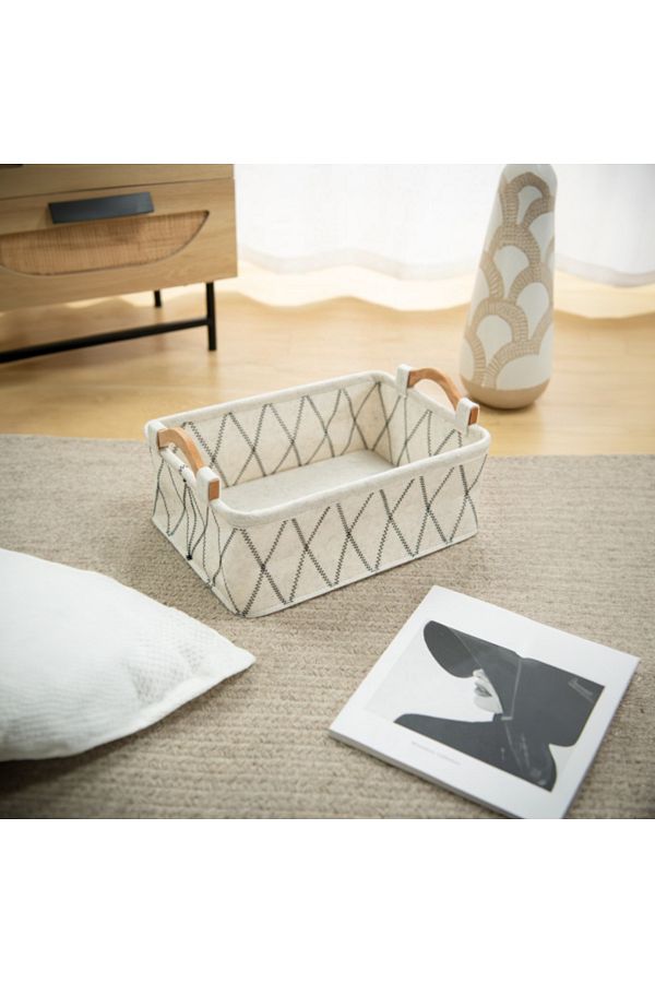 HONEYBEE-Rectangular Shape Durable Storage Basket with Wooden Handle White and Black 1