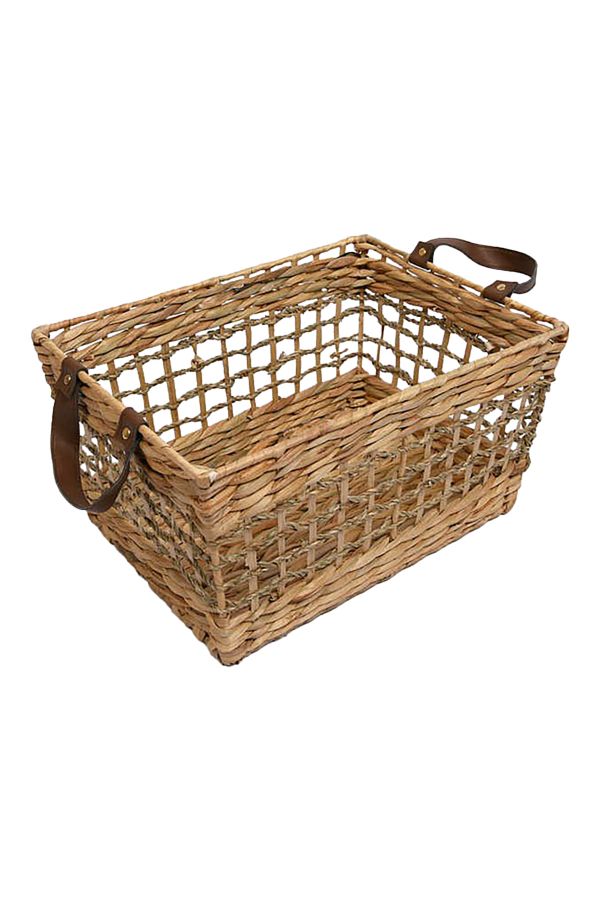 HONEYBEE-Rectangular Shape Portable Ventilated Water Hyacinth Laundry Basket with Handle Brown 1