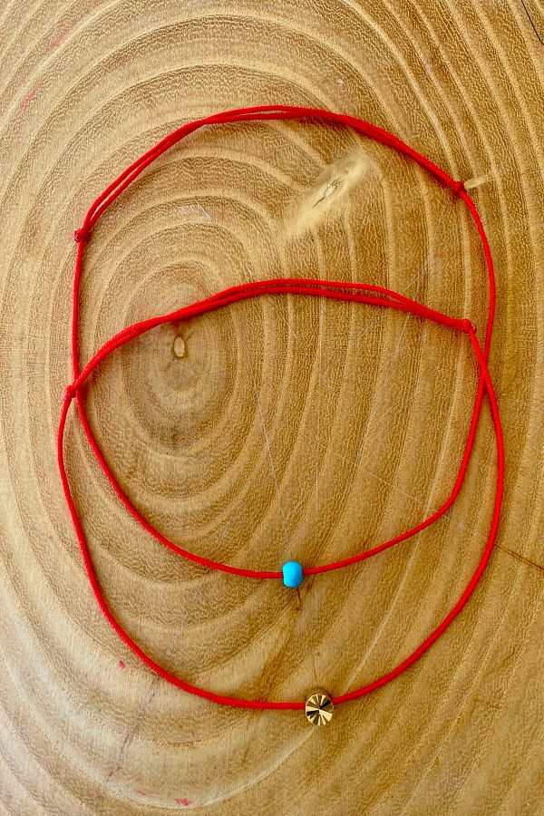 Shepidi-2-Piece Blue Beaded Red String Anklet with Cutout Round Gold Figure 1
