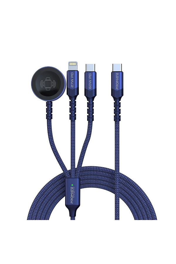 Promate-كابل شحن متعدد 3 في 1، فائق السرعة 60 واط من USB-C™ إلى USB-C™، موصل Lightning 27 واط 1