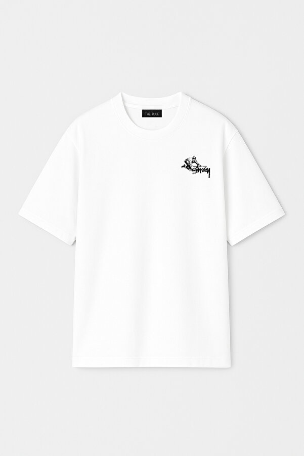 Unisex Stüssy Working Man Baskılı Oversize %100 Pamuk Geniş Kesim Bisiklet Yaka Beyaz Tişört RF0529